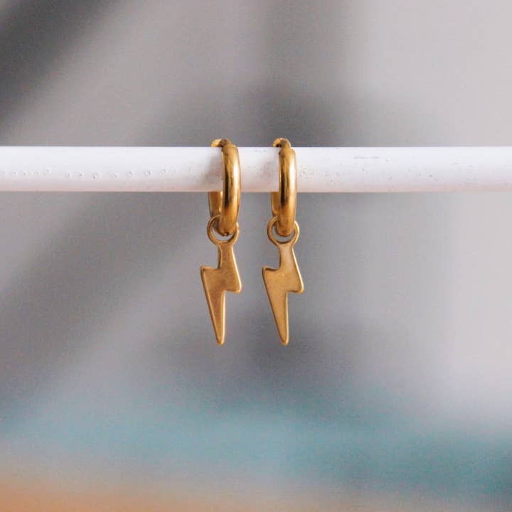 Bazou - Wholesale Hoop Earrings - Steel Creoles With Lightning - Gold