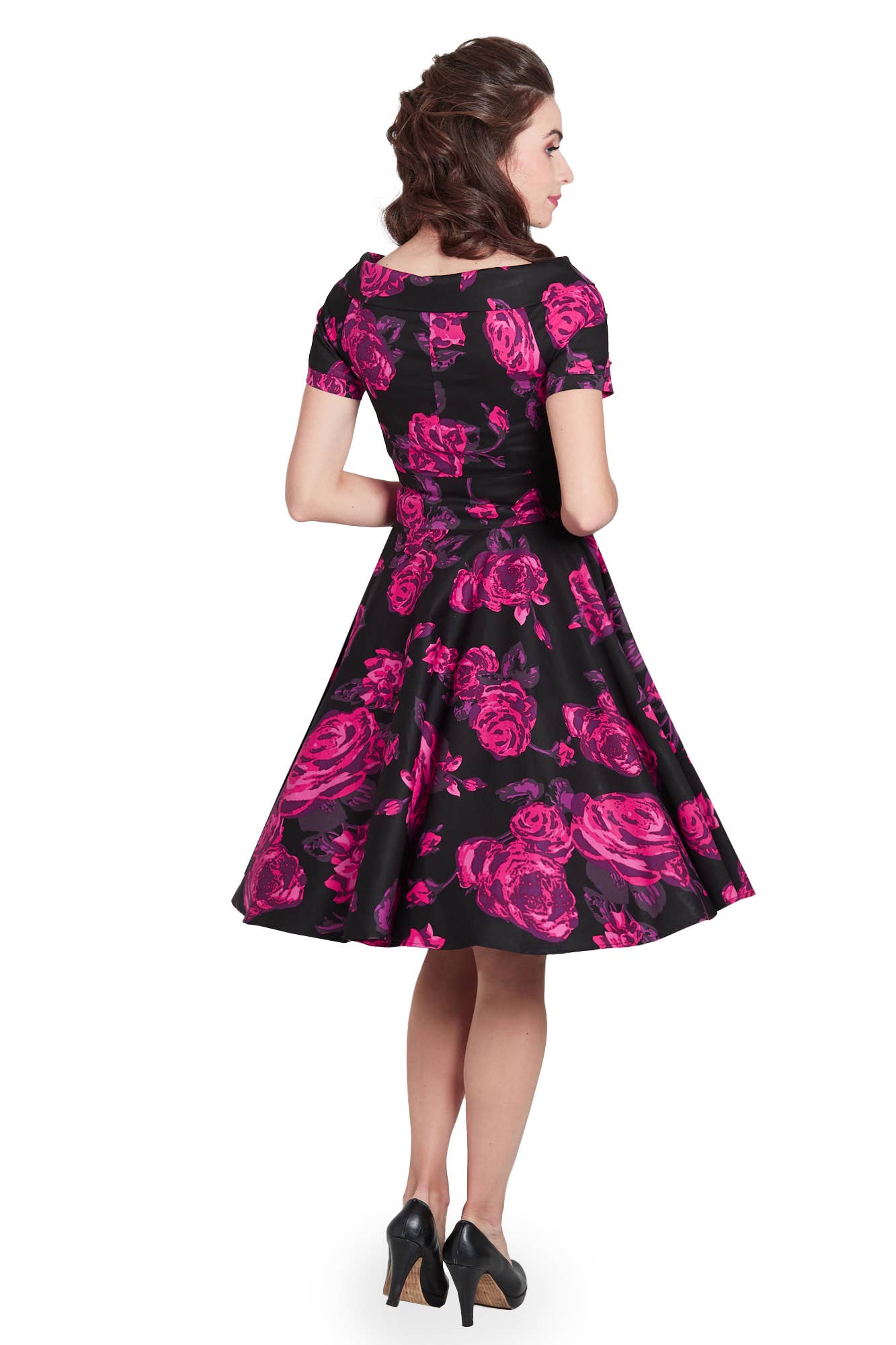 Dolly & Dotty - Wholesale Dress - Women's - Darlene Retro Black-Pink Roses Swing Dress2
