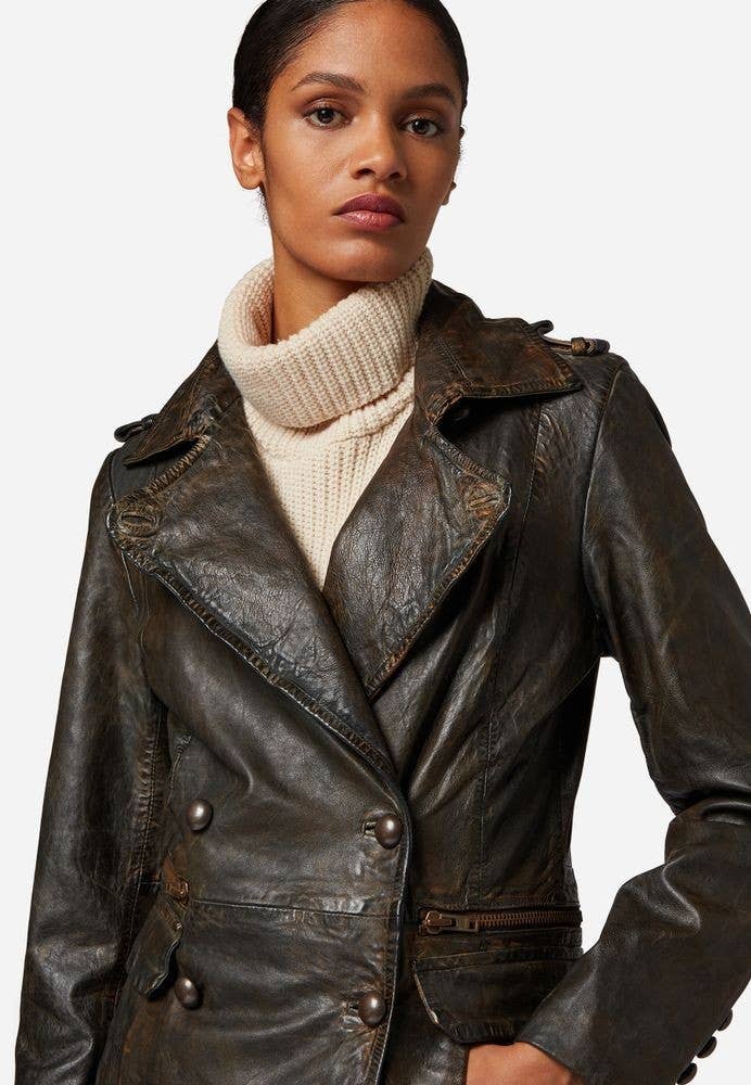 Dark brown vintage Mang-1 Women's Leather Coat - Premium Lamb Leather for wholesale on Faire3