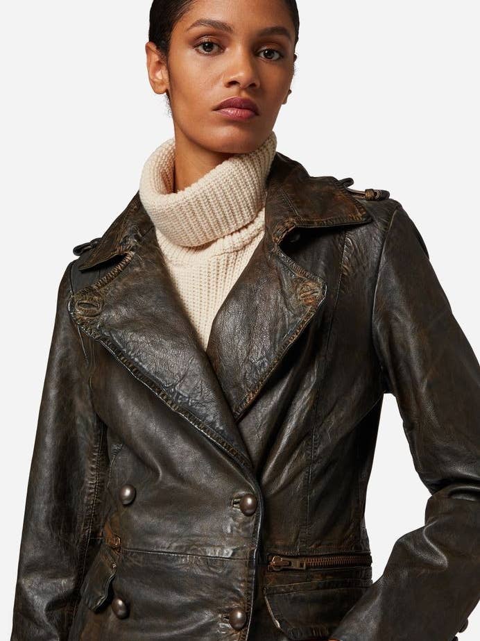 Dark brown vintage Mang-1 Women's Leather Coat - Premium Lamb Leather for wholesale on Faire3