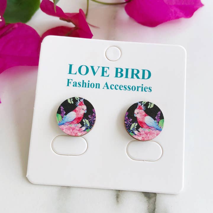 Pink kakadue træ Stud Øreringe for engroshandel hos Love Bird Fashion Accessories