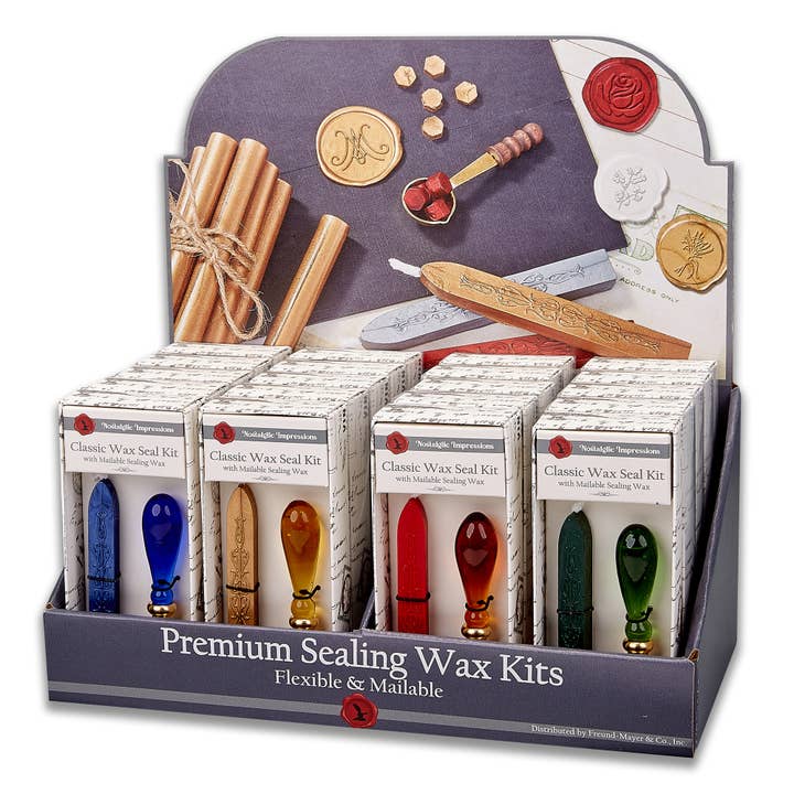 Murano Glass Handle Wax Seal Kits in Compact Display for wholesale by Freund Mayer & Co.