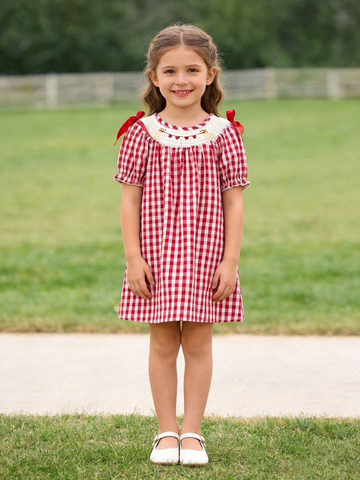Valentine Red Plaid Dress with Smocked Heart Dog Detail and Bows for wholesale by Rylee Faith Designs