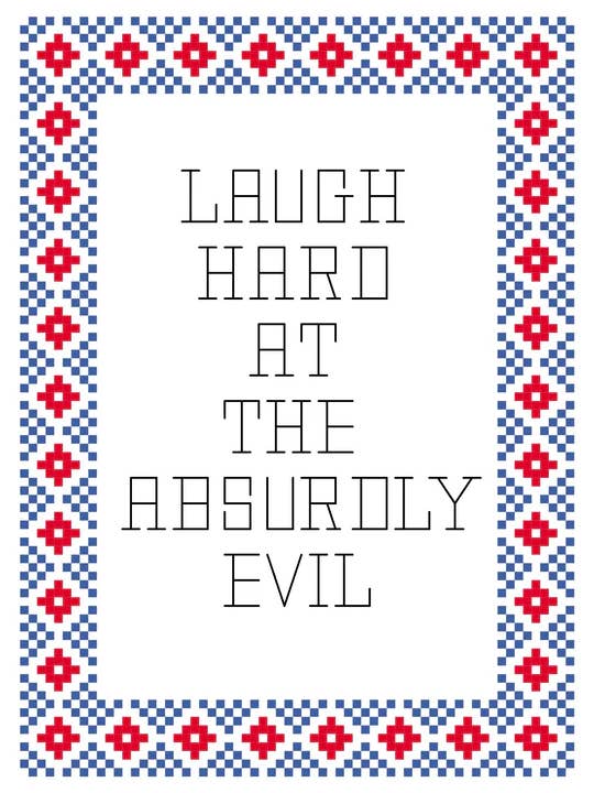 Laugh Hard at Evil Deluxe Cross Stitch Kit for wholesale by Subversive Cross Stitch