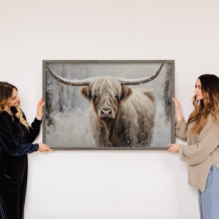 Hangout Home - Wholesale Art Print - Winter Highland Cow Large Horns - Winter Cow Canvas Art