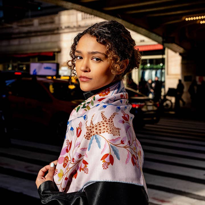 Jessie Zhao New York – wholesale Scarf – Women's – Double Sided Wool Silk Scarf Of Pink Blossom Jungle6