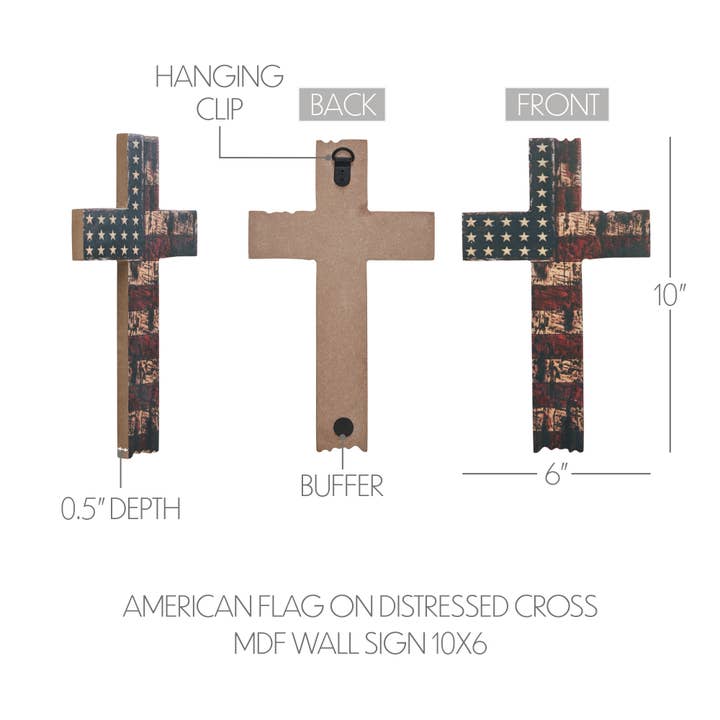 VHC Brands - Wholesale Sign - American Flag On Distressed Cross MDF Wall Sign 10x6
