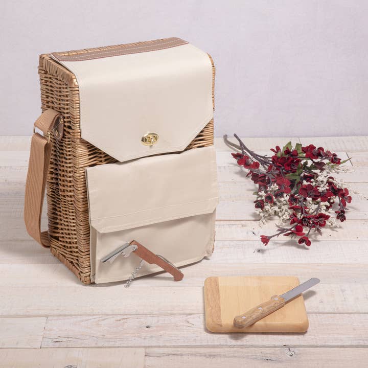 Beige Canvas Corsica Wine & Cheese Picnic Basket for wholesale on Faire14