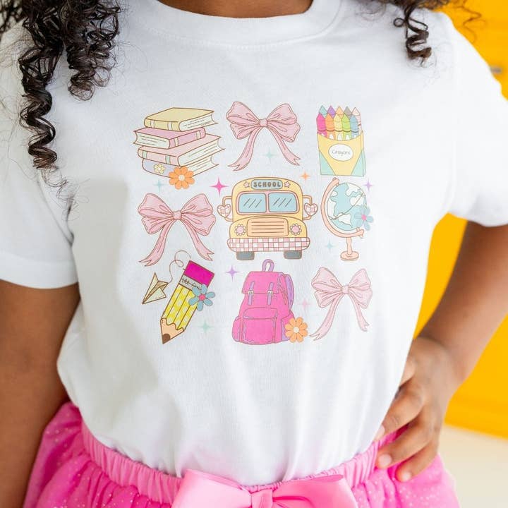 Sweet Wink - Wholesale Screen Printed T-Shirt - Kids - Coquette School Doodle Short Sleeve T-Shirt - Girls Clothes