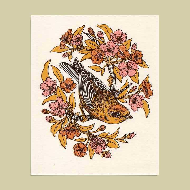 Palm Warbler + Plum Blossom 8x10" Giclee Print for wholesale by Mustard Beetle