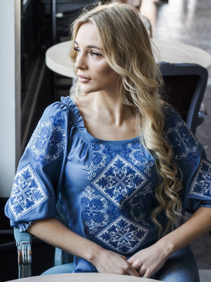 Hoverla Blue Embroidered Blouse for wholesale by Galychanka