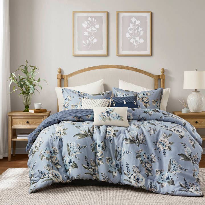 7 Piece Vintage Floral Comforter Set, Blue for wholesale by Olliix