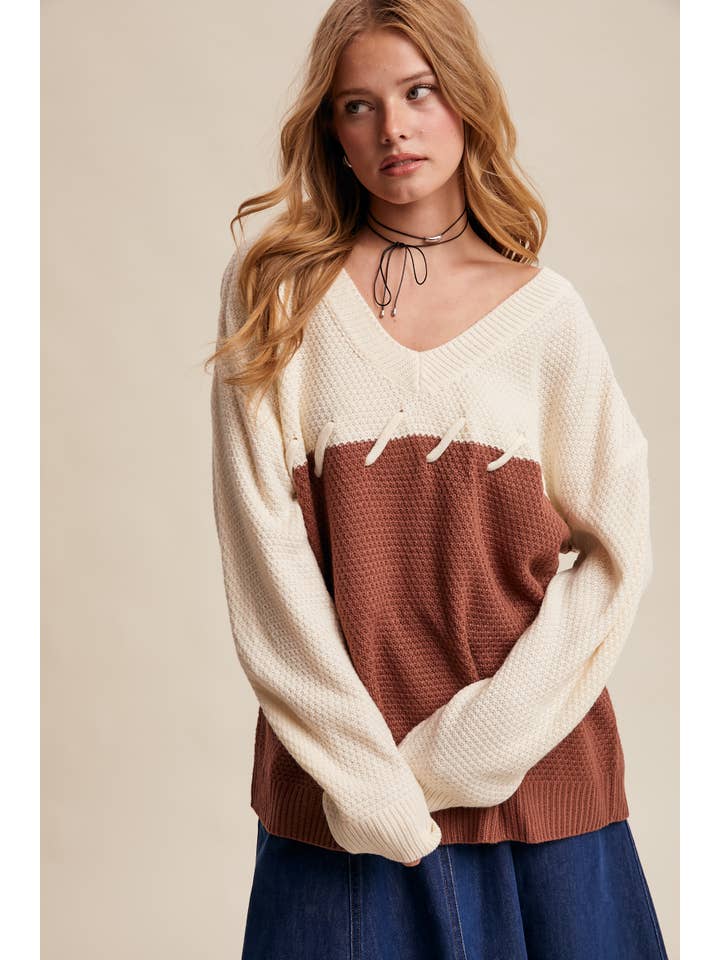 Listicle - Wholesale Knitted jumper – Women′s - Two-Tone Lace-Up Detail Sweater LSW087935