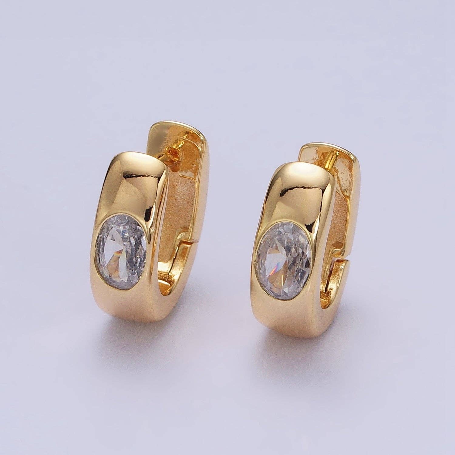 Aim Eternal - Wholesale Huggie Earrings - Gold Filled Clear Oval CZ 15mm Thick Huggie Earrings0