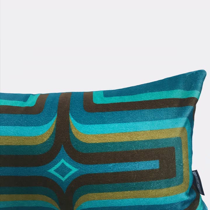 Retro Geometric Velvet Cushion - Turquoise + Olive for wholesale by Sharon Jane Studio