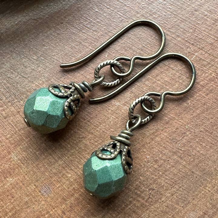 Green Victorian Earrings, Gothic Brass Filigree Czech Glass for wholesale by Vintage Earth