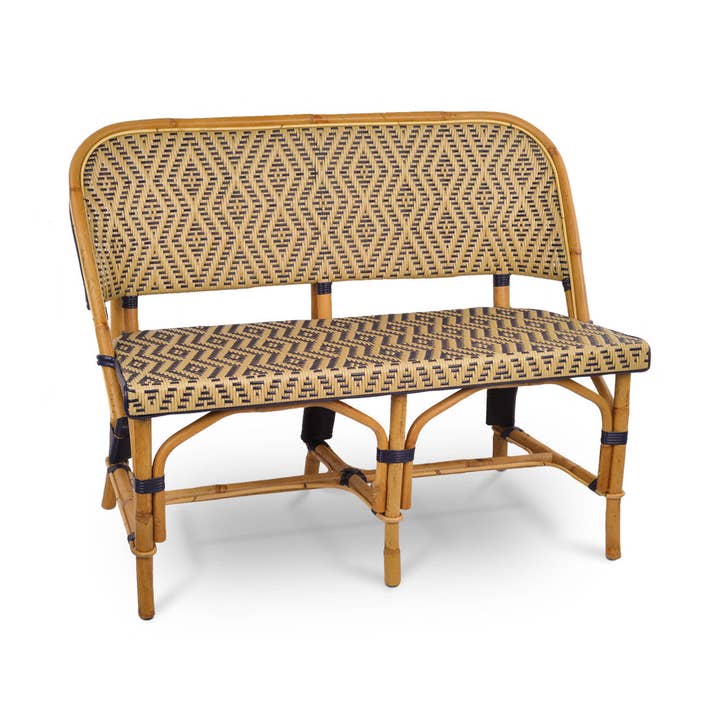 Lyon French Bistro Rattan Banquette/Bench, 2-Seater - Diamonds, Gold/Navy Blue/White for wholesale by BONNECAZE