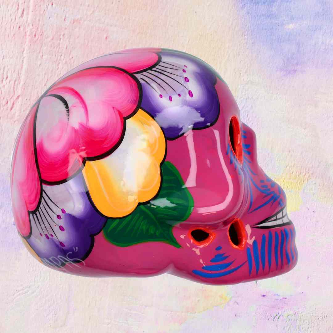 PINK PAMPAS - Wholesale Decorative Tabletop Object - Mexican ceramic skull, handmade Hibiscus design2