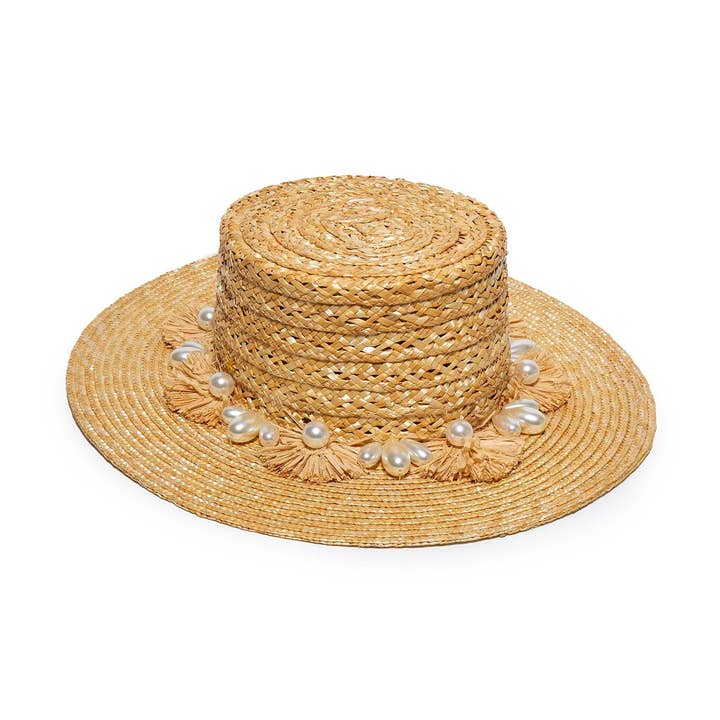 Cappello di paglia con pompon di perle naturali per la vendita all'ingrosso da parte di Lele Sadoughi