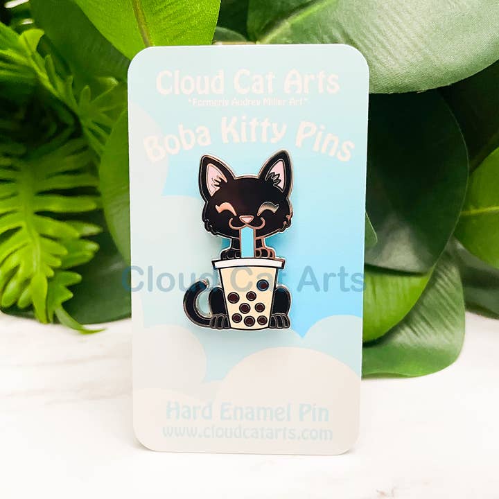 Cloud Cat Arts - Wholesale Lapel Pin/Button - Black Kitty/ Boba Cat Milk Tea - Hard Enamel Pin