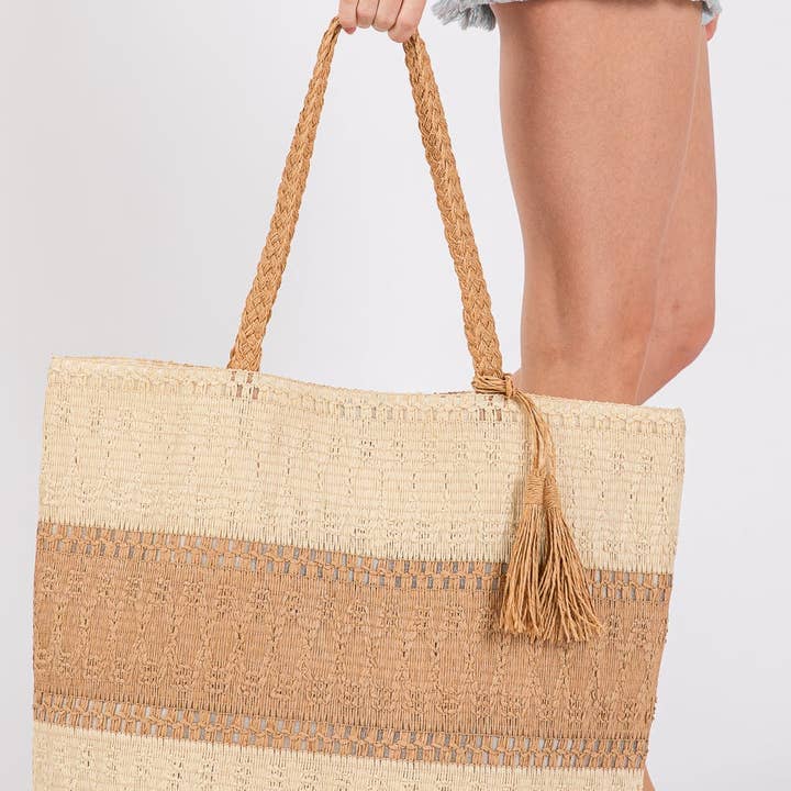 MiMi Wholesale - Wholesale Tote Bag - Women's - MB0273 Two Tone Woven Straw Tote Bag