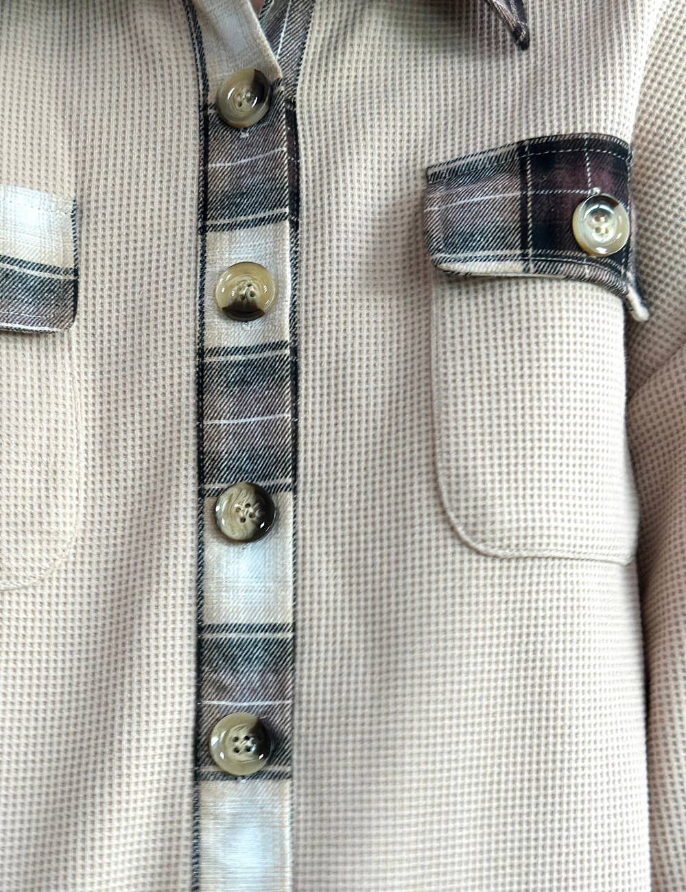 Sweetkama - Wholesale Button Down Shirt - Women's - Ladies Plaid Waffle Splice Botton Down Shirt 683214