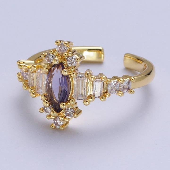 OS Purple Amethyst Marquise & Clear Baguette Cubic Zirconia Gold Adjustable Ring S-384 for wholesale by Aim Eternal