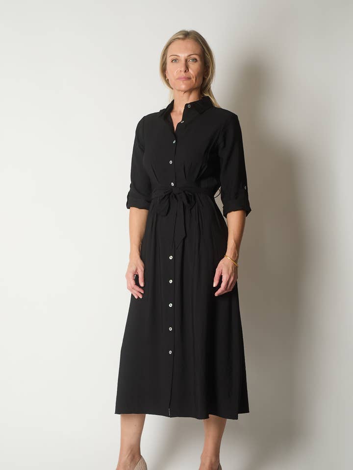 Button-Down Shirt Dress with Waist Tie - Black for wholesale by SOLO