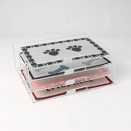 Horizontales Regal mit 4 Steckplätzen, weiß, jeder Steckplatz fasst 12 Matten für den Großhandel von PetRageous Designs