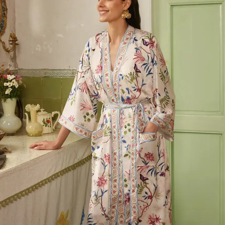 safistyle – wholesale Robe – Women's – Beige Chinoiserie Floral Kimono Robe - Spa Wrap for Bridal5