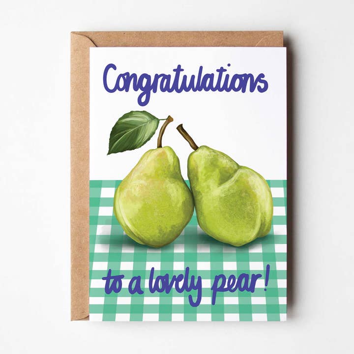 Congratulations To A Lovely Pear - Engagement Greeting Card for wholesale by Katie Tinkler illustration