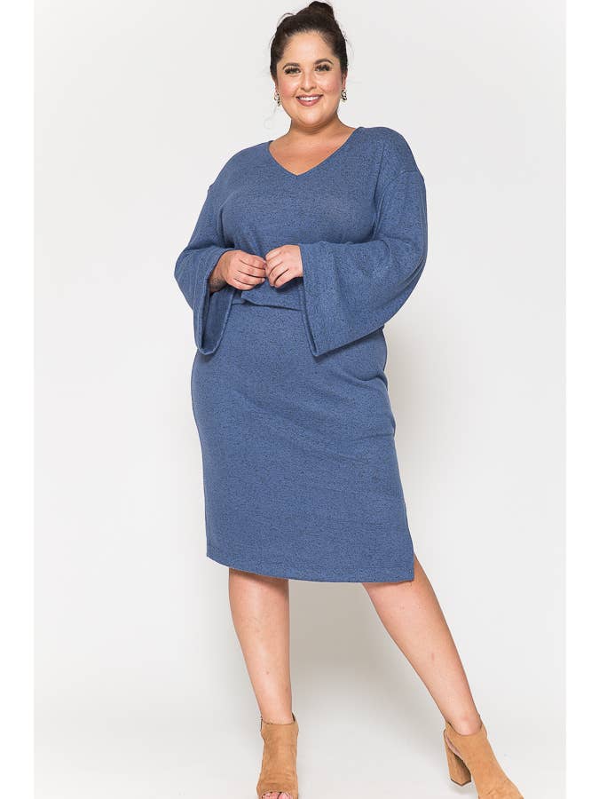Story Teller - Wholesale Top & Skirt Set - Women's - Plus Size V-Neck Top & Knee Length Slit Skirt 2 Piece Sets