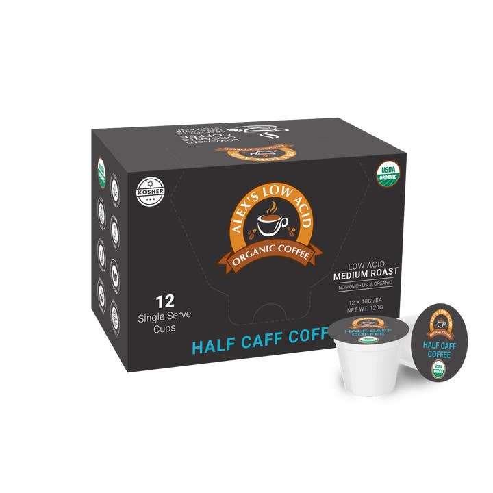 Alex's Low-Acid Coffee™ - Half Caff Single Serve Cups for wholesale by Alex's Low-Acid Organic Coffee