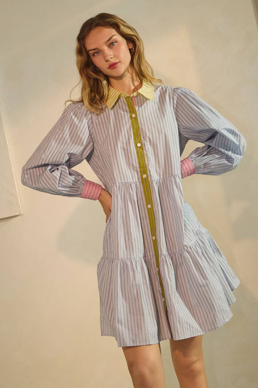 Combo azul Vestido Camiseiro às Riscas com Botões e Camadas para venda a revendedores na Faire5
