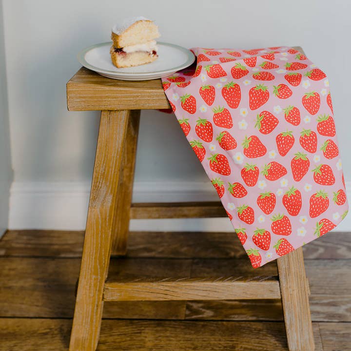 Sweet Strawberries Organic Cotton Tea Towel for wholesale by Laura Barnes Wholesale Ltd