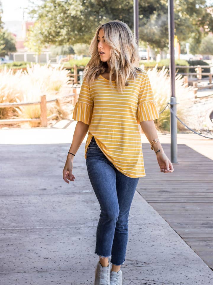 Tickled Teal - Wholesale Blouse - Women's - The Flare Sleeve Stripe Payton Top1