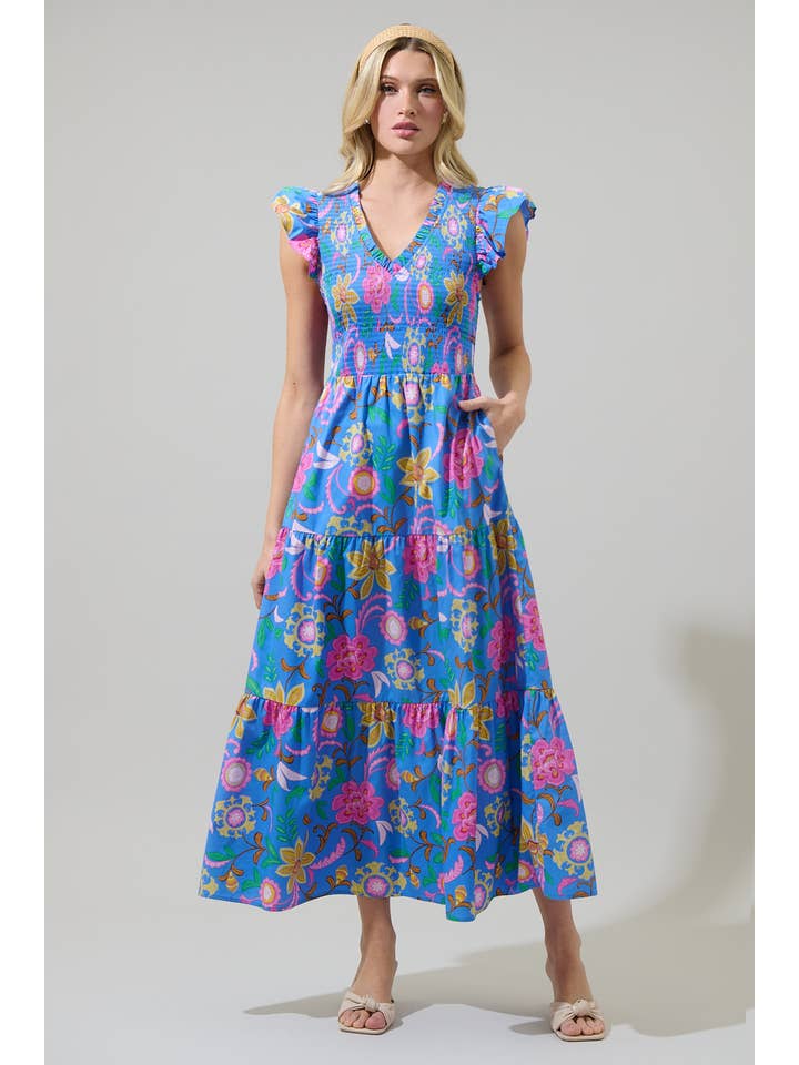 MED BLUE MULTI Faro Floral Sunfire Tiered Midi Dress for wholesale on Faire