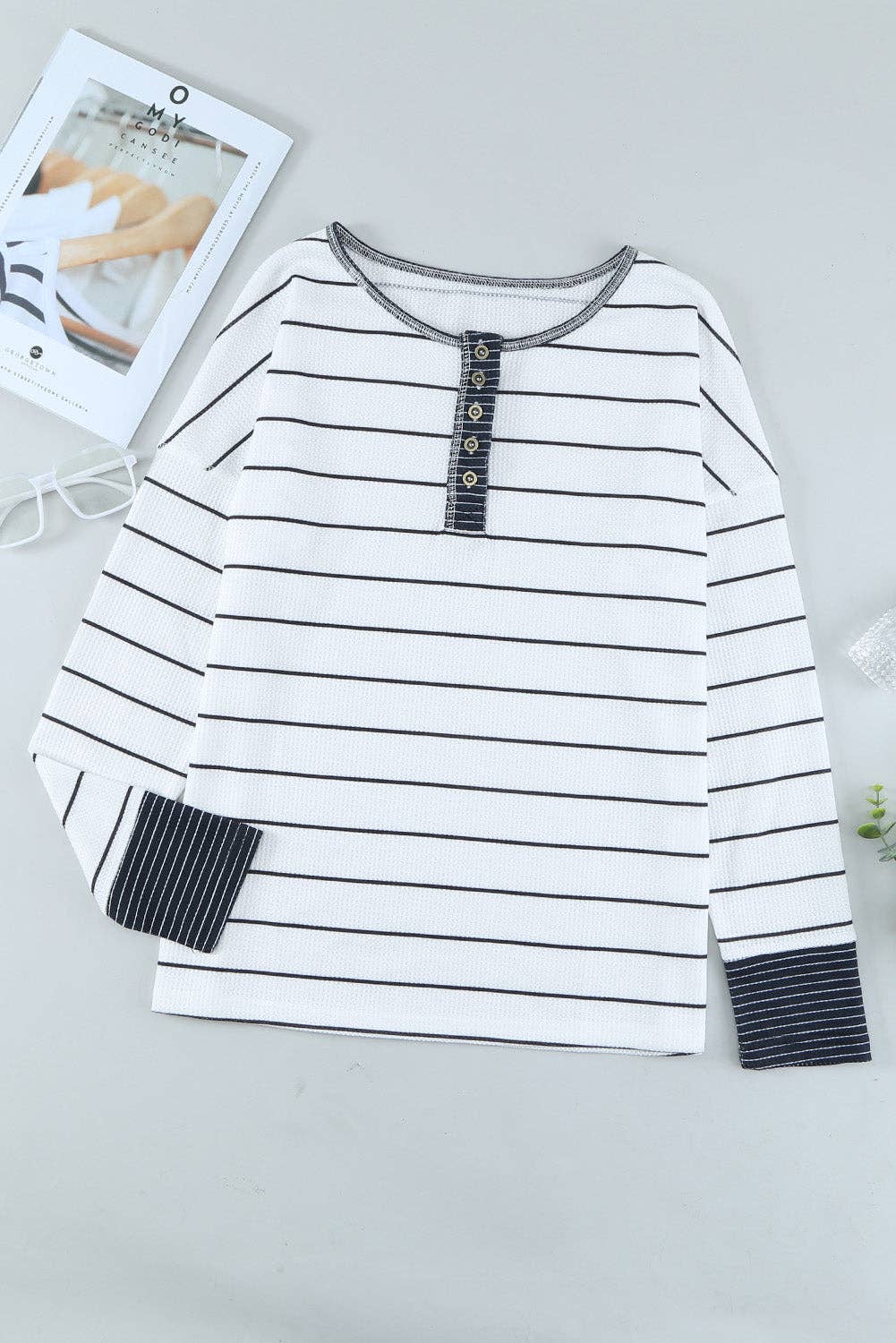 Lovesoft – wholesale Knit top – Women's – Striped Color Block Buttoned Waffle Knit Shirt4