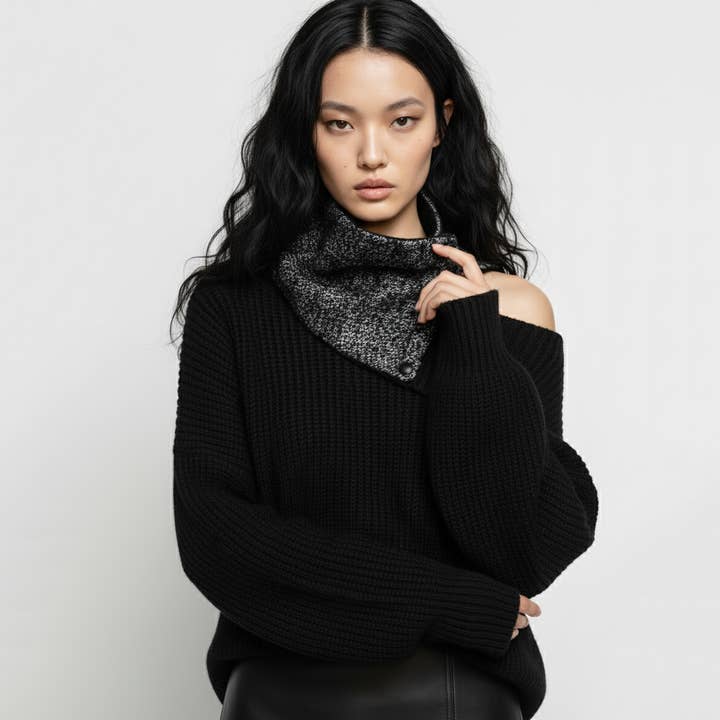 Black and White Tweed Cowl Snap for wholesale by Sumie Tachibana