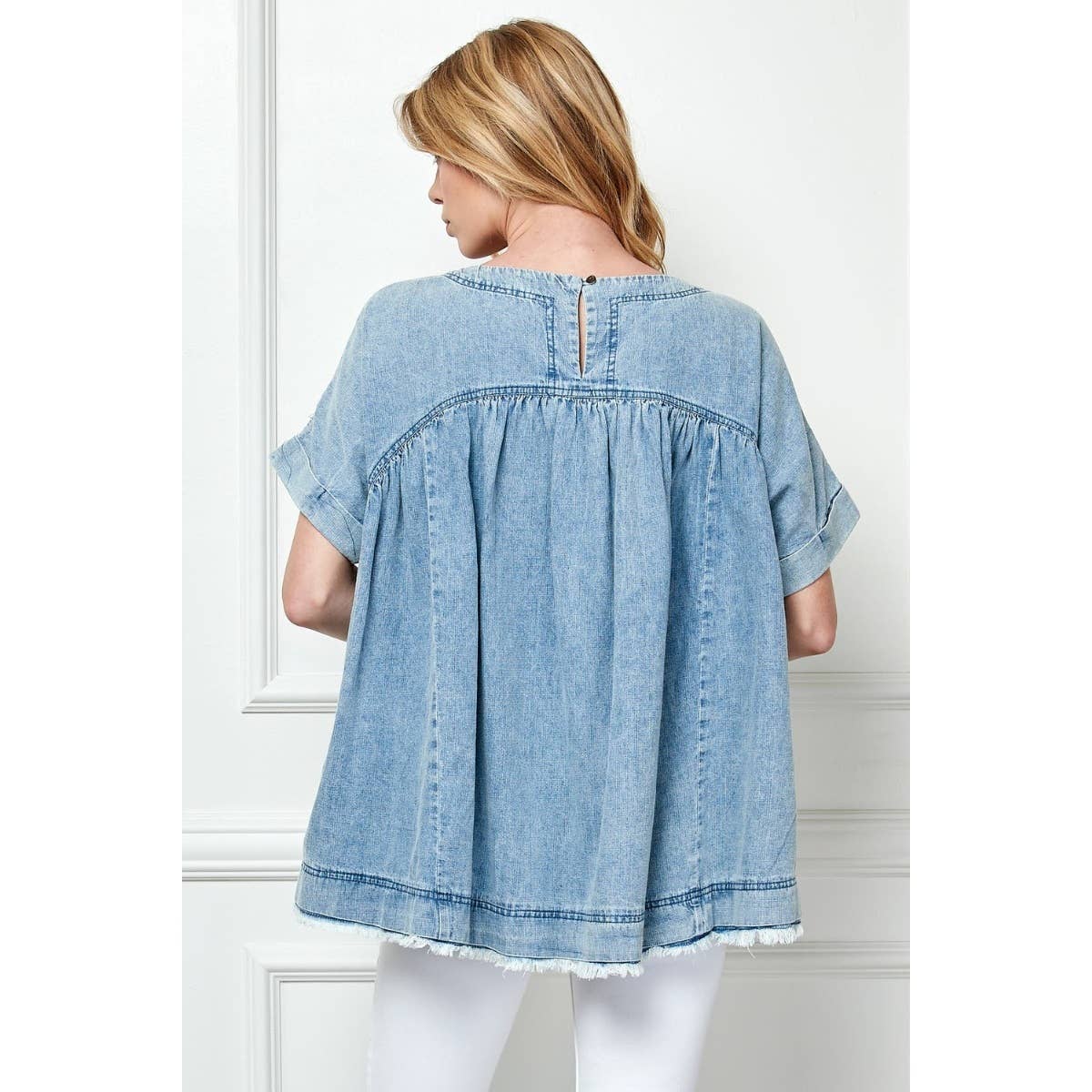 Oversize Pleated Denim Baydoll Top for wholesale on Faire9