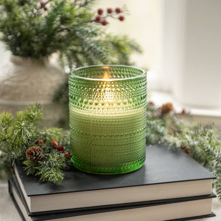 Ragon House - Vente Bougie sans flamme - BOUGIE À FLAMME 3D EN VERRE VERT SAPIN À POIS DE 5"