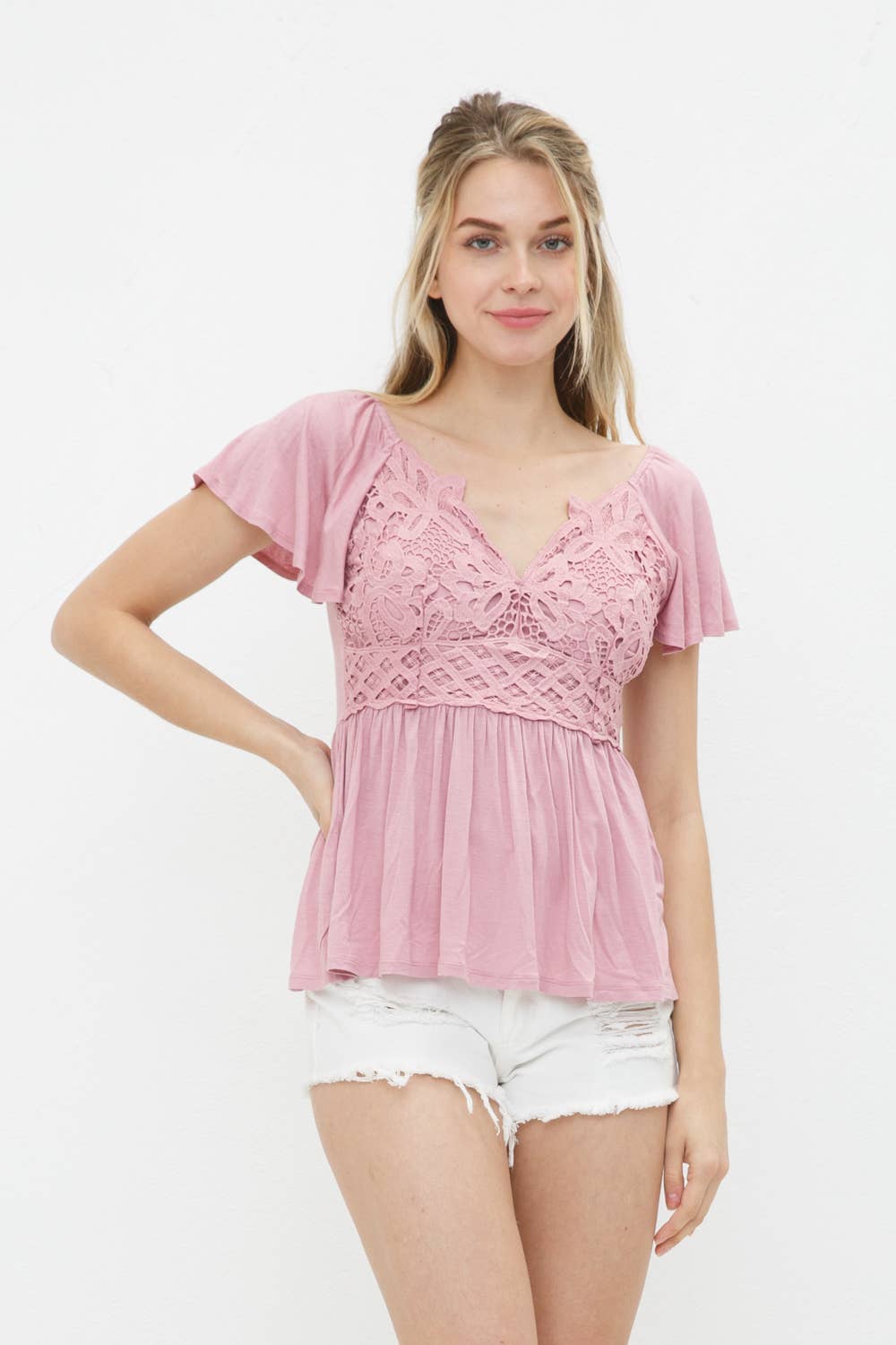 Blue B - Vendita all'ingrosso Camicetta - Donna - 31453T - Corpetto in pizzo a bralette in morbido jersey di rayon lavorato a maglia peplo10