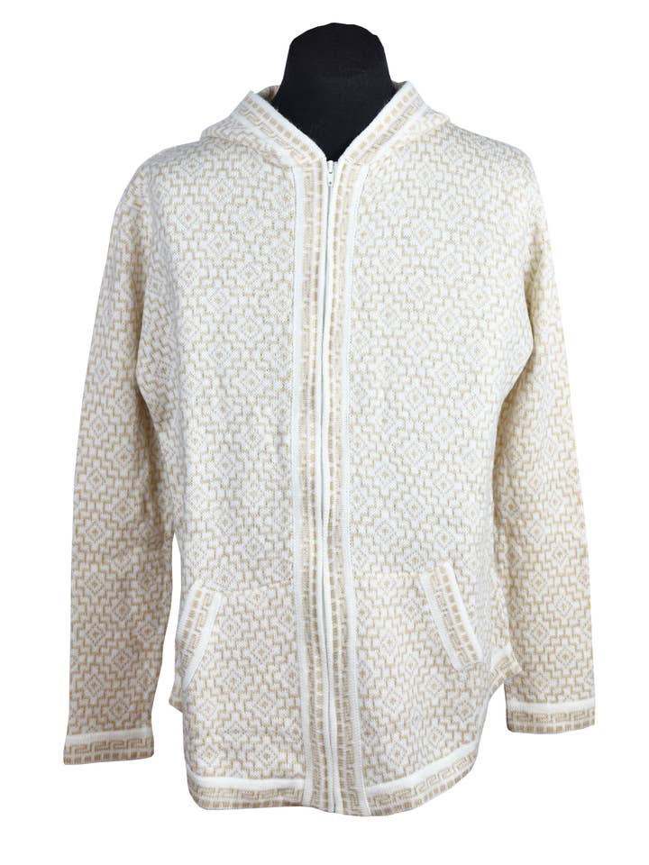 Sanyork Fair Trade - Wholesale Hoodie - Women's - Alpaca Hooded Knit Sweater Chacana Inca Pattern Tan and Bone