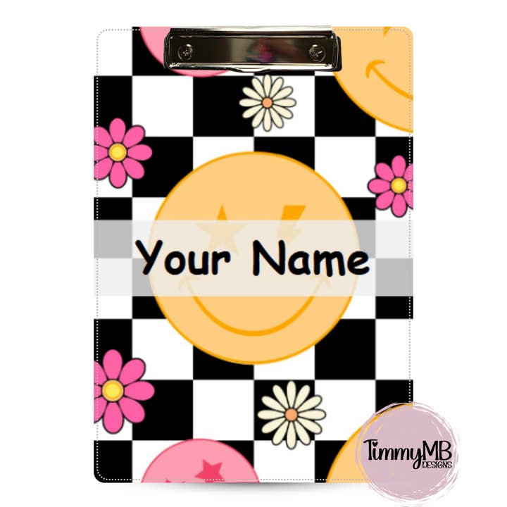 Karierte Smiley-Gänseblümchen - Individuelles Klemmbrett für den Großhandel von TimmyMB Designs