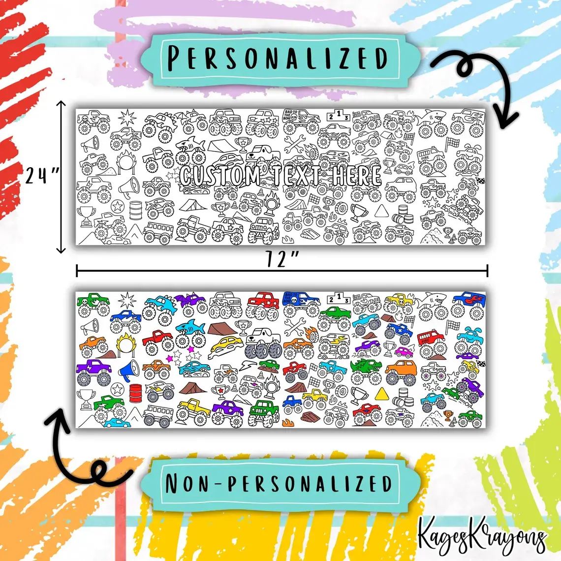 KagesKrayons – wholesale Färgläggningsduk - Barn och baby – 6 fot monstertruck färgläggningssida banner - bordsduk2