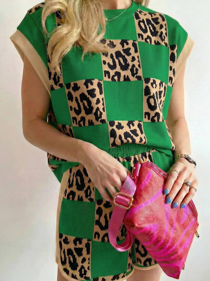 Leopard Color Block Plaid Short Sleeve Top and Shorts Set for wholesale by fashionworks