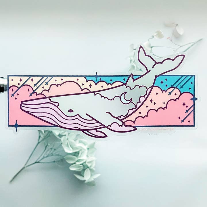 Autocolante Transparente de Vinil de Baleia Viajante nas Nuvens por atacado de Alum and Ink