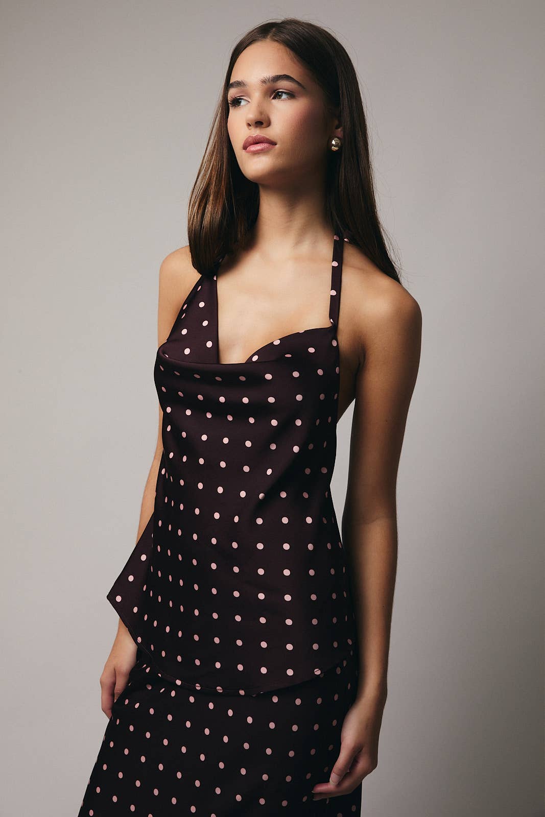 HALTER NECK ASYMMETRIC COWL NECK POLKA DOT TOP for wholesale on Faire1