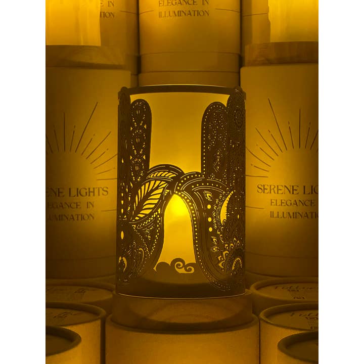 Serene Lights - Wholesale Decorative Tabletop Object - Hamsa, Decorative Candle Holder – Laser Etched, Handmade Wood Veneer, Rechargeable LED Candle
2