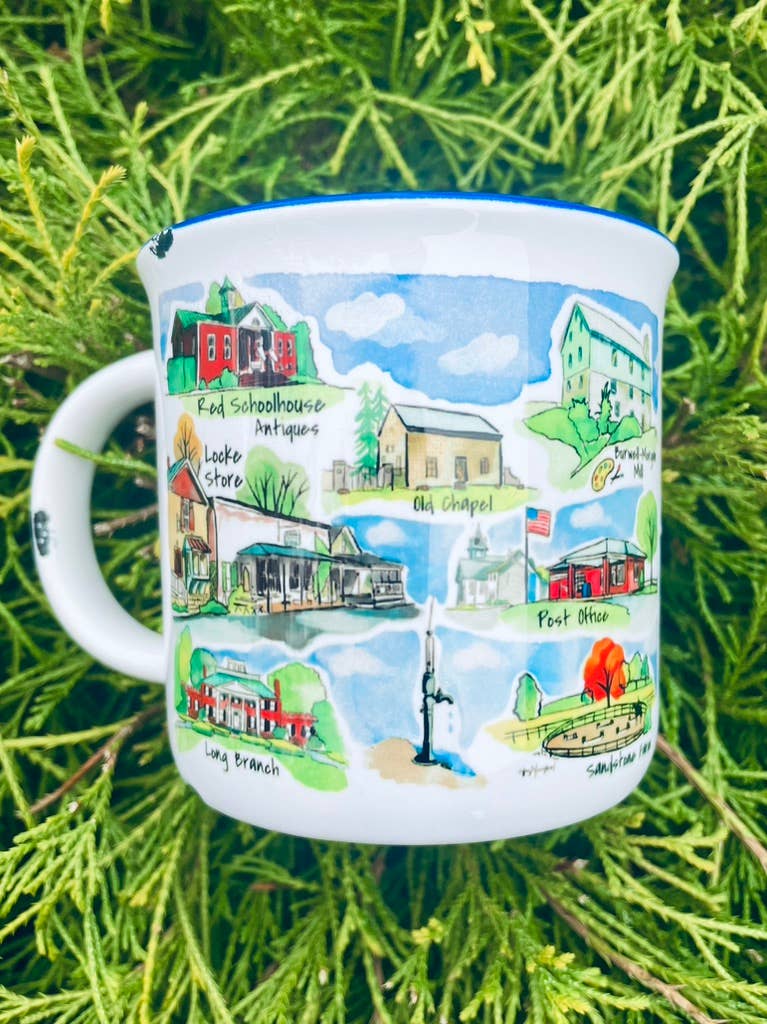 Sweetgum Studio - Wholesale Coffee Mug - Stoneware Distressed Mug with Blue Trim 14 oz.25